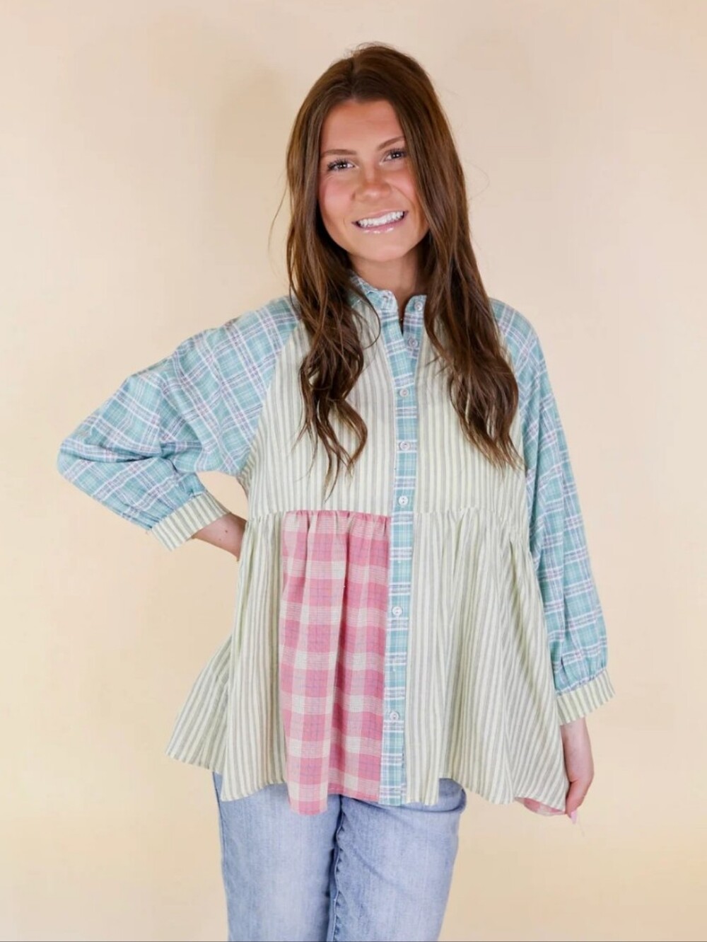 Sugarfox Island Adveture Button Up Mix Print Plaid Top  Size Medium